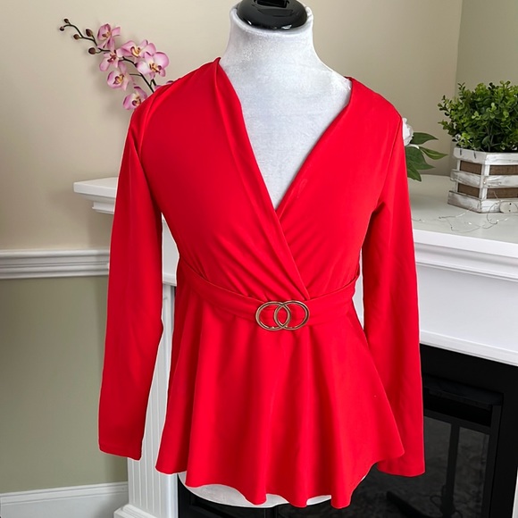 AMISU Red Wrap Front Belted Ballet Wrap  Blouse NWOT - Picture 1 of 10